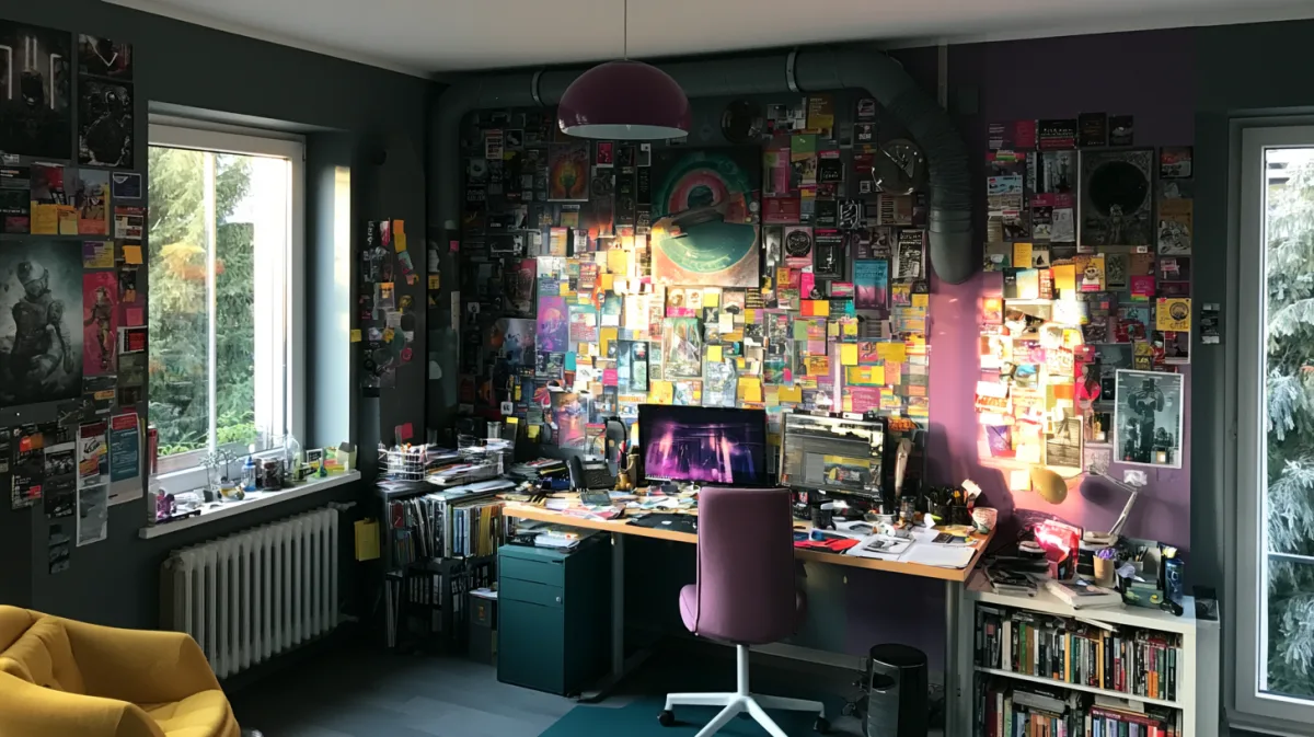 The study where sessions are taught — desk, bookshelves and a wall of notes